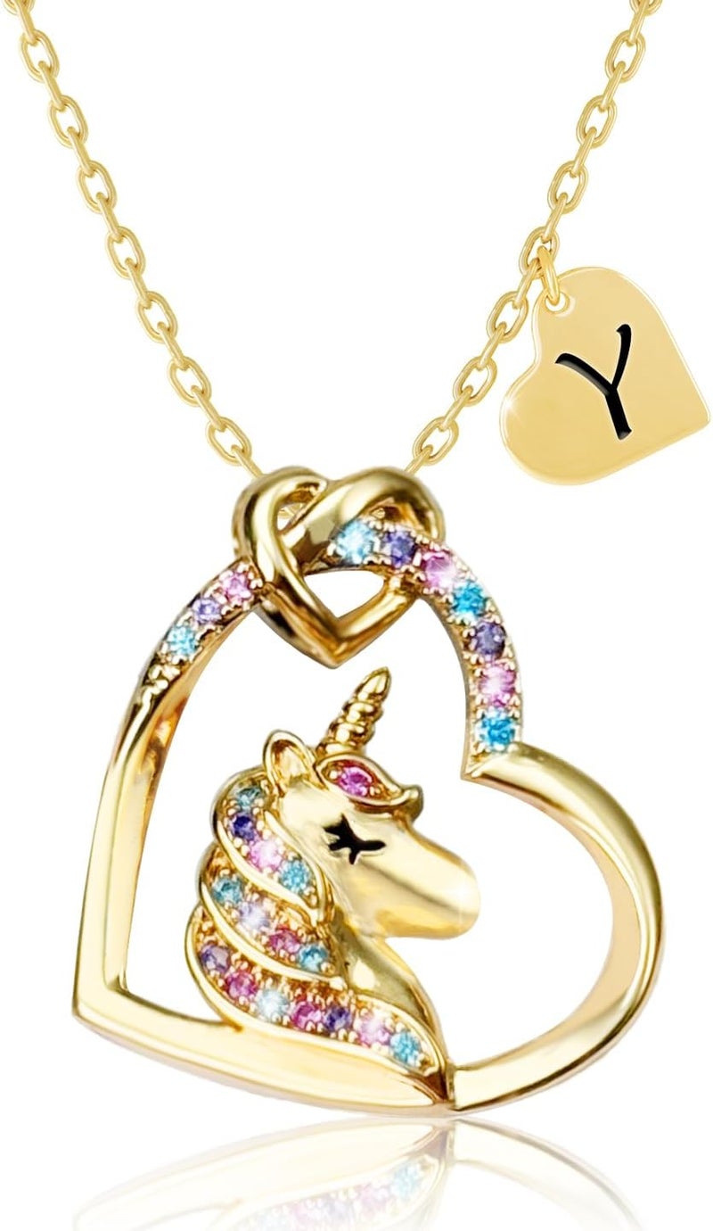 PYXC Valentines Day Gifts - Unicorn Necklace Gifts for Girls, Gold CZ Heart Unicorn Jewelry Initial Girls Birthday Colorful Heart Necklace Birthday present - Image 1